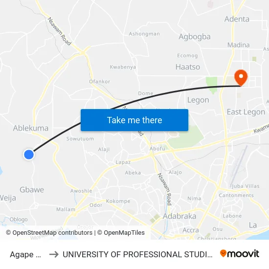 Agape Stop to UNIVERSITY OF PROFESSIONAL STUDIES (UPSA) map