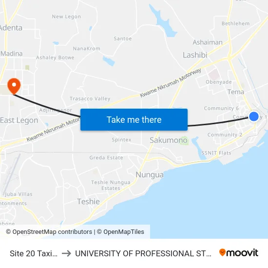 Site 20 Taxi Rank to UNIVERSITY OF PROFESSIONAL STUDIES (UPSA) map