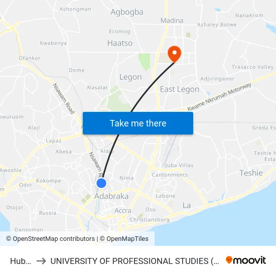 Hubtel to UNIVERSITY OF PROFESSIONAL STUDIES (UPSA) map