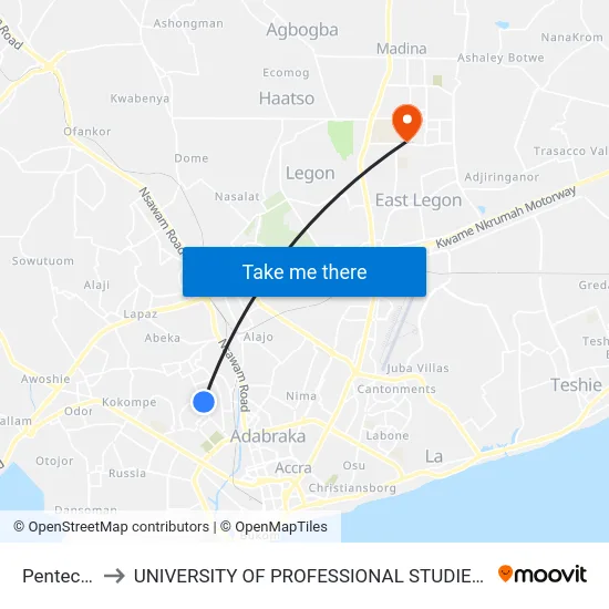 Pentecost to UNIVERSITY OF PROFESSIONAL STUDIES (UPSA) map