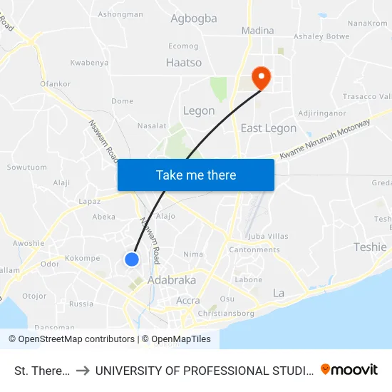 St. Theresa's to UNIVERSITY OF PROFESSIONAL STUDIES (UPSA) map
