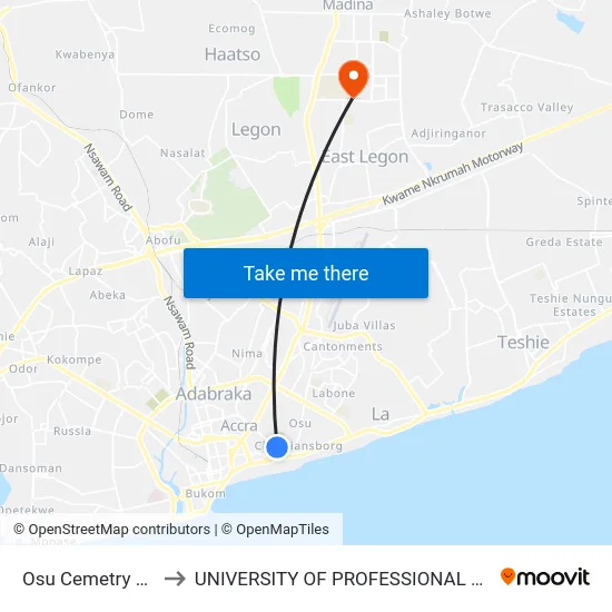 Osu Cemetry Junction to UNIVERSITY OF PROFESSIONAL STUDIES (UPSA) map