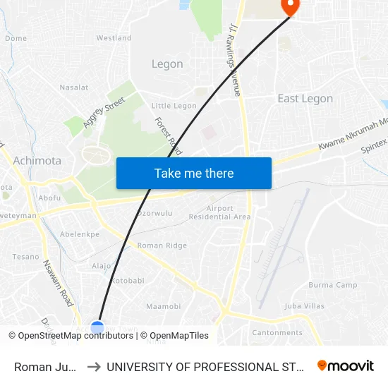 Roman Junction to UNIVERSITY OF PROFESSIONAL STUDIES (UPSA) map