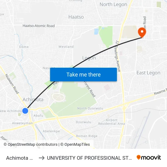 Achimota Market to UNIVERSITY OF PROFESSIONAL STUDIES (UPSA) map