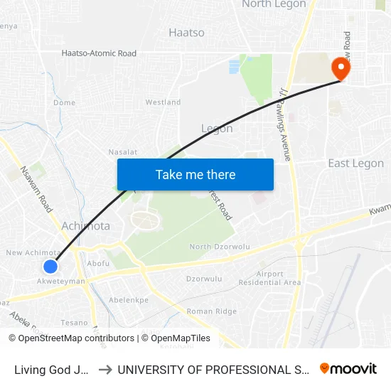 Living God Junction to UNIVERSITY OF PROFESSIONAL STUDIES (UPSA) map