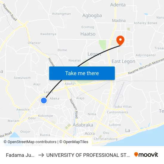 Fadama Junction to UNIVERSITY OF PROFESSIONAL STUDIES (UPSA) map