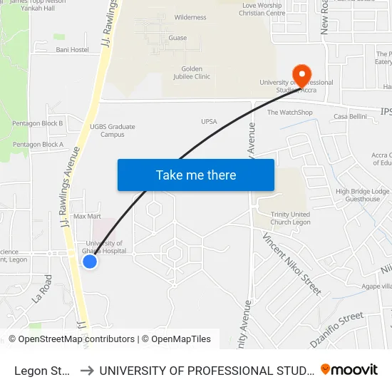 Legon Station to UNIVERSITY OF PROFESSIONAL STUDIES (UPSA) map