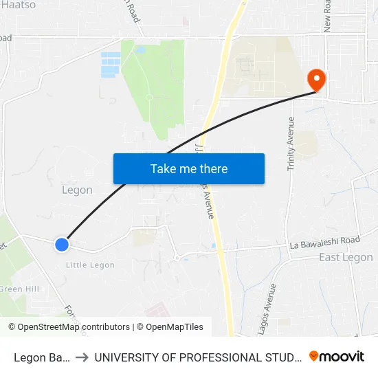 Legon Barrier to UNIVERSITY OF PROFESSIONAL STUDIES (UPSA) map