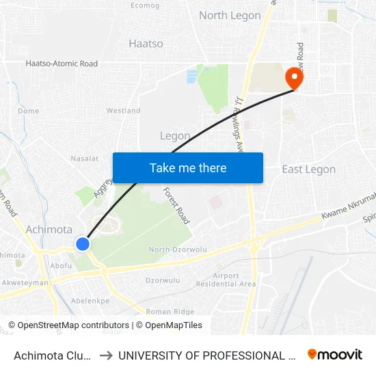 Achimota Club House to UNIVERSITY OF PROFESSIONAL STUDIES (UPSA) map
