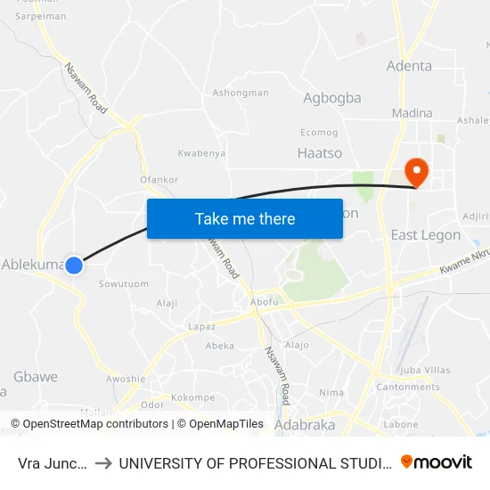 Vra Junction to UNIVERSITY OF PROFESSIONAL STUDIES (UPSA) map