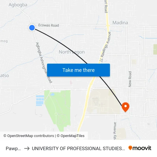 Pawpaw to UNIVERSITY OF PROFESSIONAL STUDIES (UPSA) map