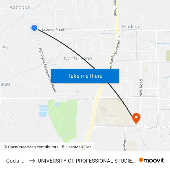 God's Way to UNIVERSITY OF PROFESSIONAL STUDIES (UPSA) map