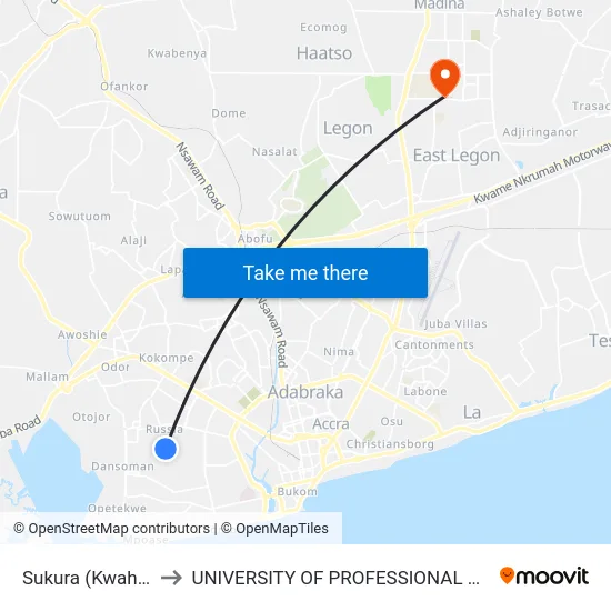 Sukura (Kwahu Store) to UNIVERSITY OF PROFESSIONAL STUDIES (UPSA) map