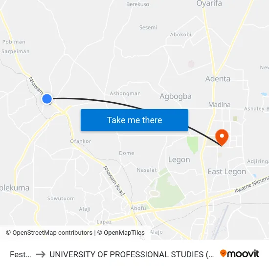 Festus to UNIVERSITY OF PROFESSIONAL STUDIES (UPSA) map