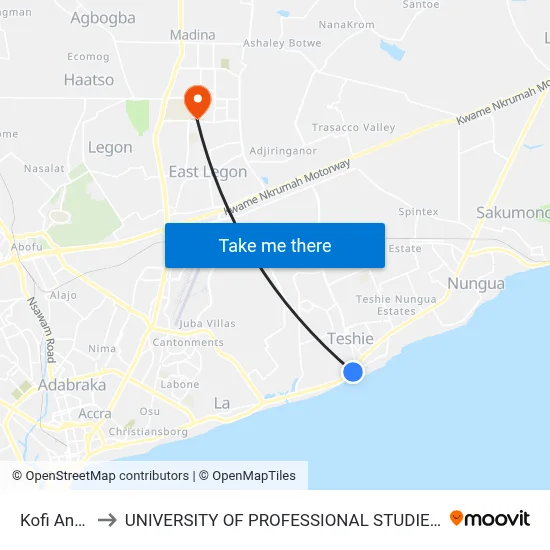 Kofi Annan to UNIVERSITY OF PROFESSIONAL STUDIES (UPSA) map
