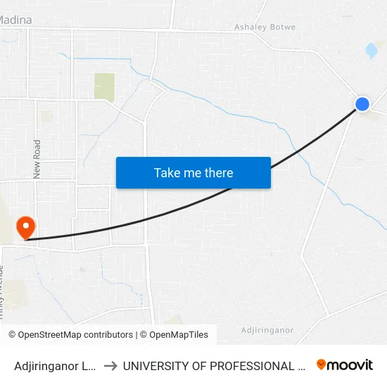 Adjiringanor Last Stop to UNIVERSITY OF PROFESSIONAL STUDIES (UPSA) map