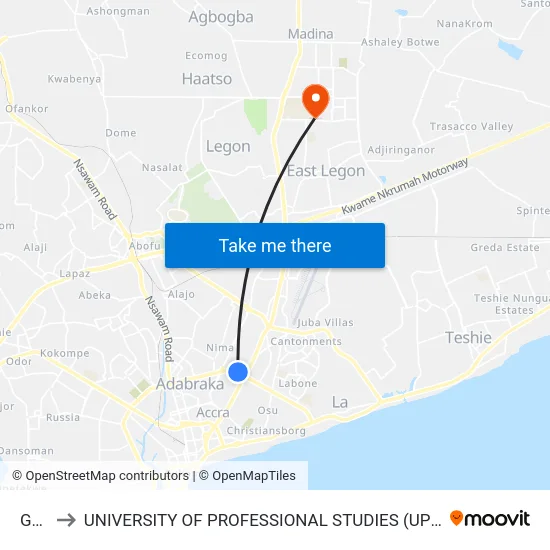 Gbc to UNIVERSITY OF PROFESSIONAL STUDIES (UPSA) map