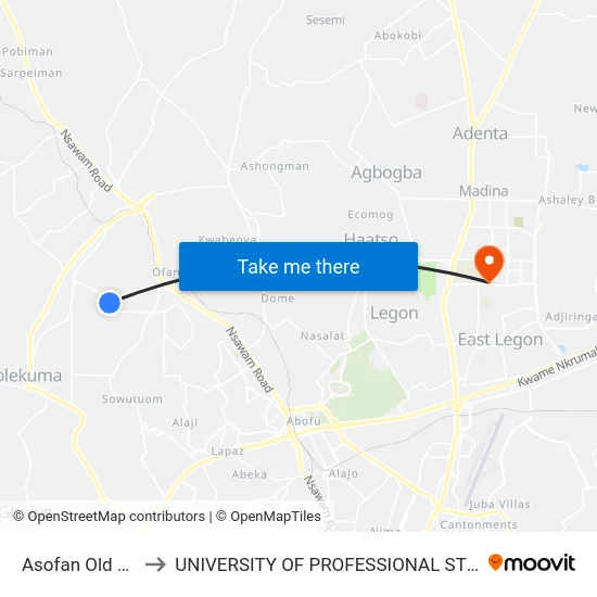Asofan Old Station to UNIVERSITY OF PROFESSIONAL STUDIES (UPSA) map