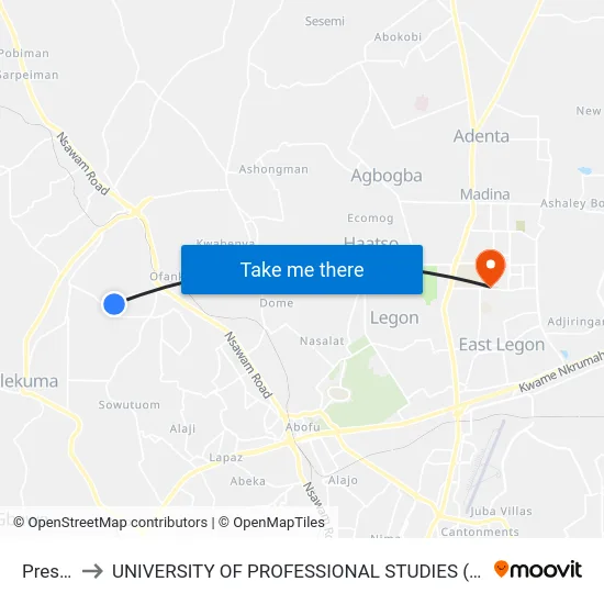 Presby to UNIVERSITY OF PROFESSIONAL STUDIES (UPSA) map