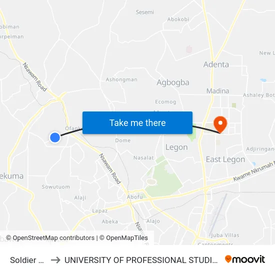 Soldier Line to UNIVERSITY OF PROFESSIONAL STUDIES (UPSA) map