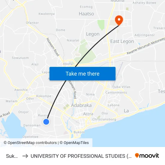 Sukura to UNIVERSITY OF PROFESSIONAL STUDIES (UPSA) map