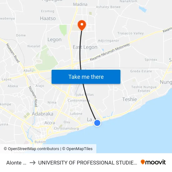 Alonte Bar to UNIVERSITY OF PROFESSIONAL STUDIES (UPSA) map