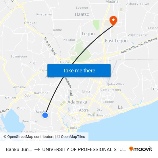 Banku Junction to UNIVERSITY OF PROFESSIONAL STUDIES (UPSA) map