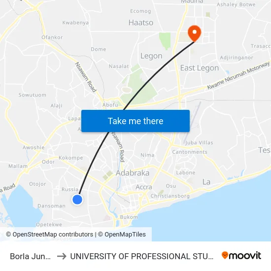 Borla Junction to UNIVERSITY OF PROFESSIONAL STUDIES (UPSA) map
