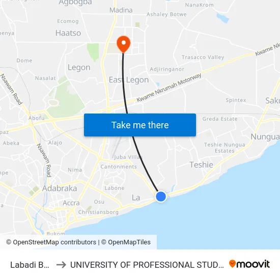 Labadi Beach to UNIVERSITY OF PROFESSIONAL STUDIES (UPSA) map