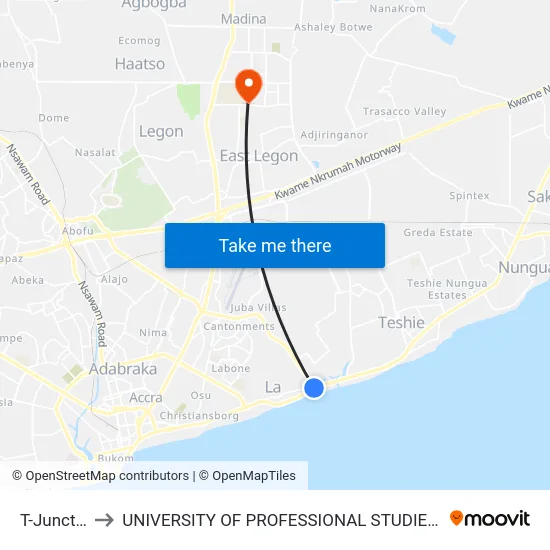 T-Junction to UNIVERSITY OF PROFESSIONAL STUDIES (UPSA) map