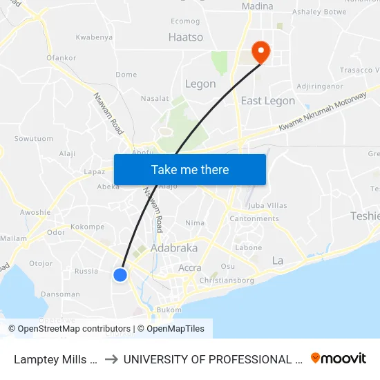 Lamptey Mills Junction to UNIVERSITY OF PROFESSIONAL STUDIES (UPSA) map