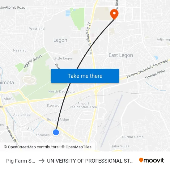 Pig Farm Station to UNIVERSITY OF PROFESSIONAL STUDIES (UPSA) map