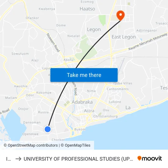 Ibe to UNIVERSITY OF PROFESSIONAL STUDIES (UPSA) map