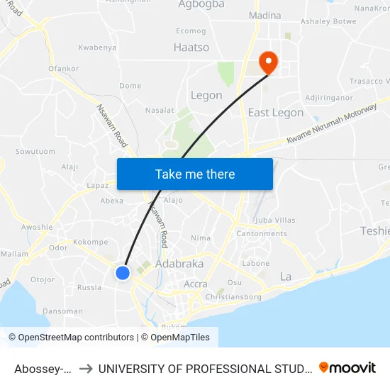 Abossey-Okai to UNIVERSITY OF PROFESSIONAL STUDIES (UPSA) map