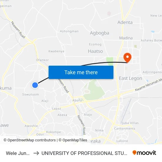 Wele Junction to UNIVERSITY OF PROFESSIONAL STUDIES (UPSA) map