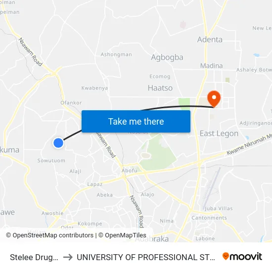 Stelee Drug Store to UNIVERSITY OF PROFESSIONAL STUDIES (UPSA) map