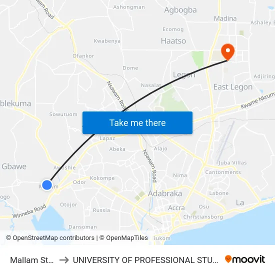 Mallam Station to UNIVERSITY OF PROFESSIONAL STUDIES (UPSA) map