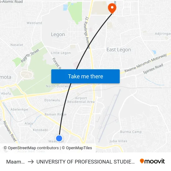 Maamobi to UNIVERSITY OF PROFESSIONAL STUDIES (UPSA) map