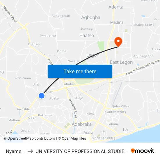 Nyamekye to UNIVERSITY OF PROFESSIONAL STUDIES (UPSA) map