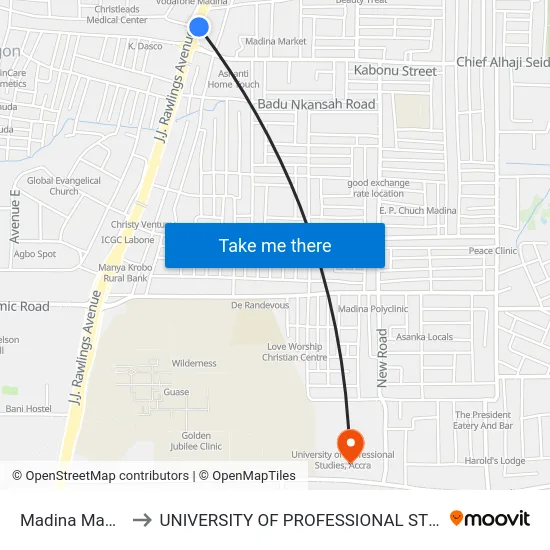 Madina Masalachi to UNIVERSITY OF PROFESSIONAL STUDIES (UPSA) map