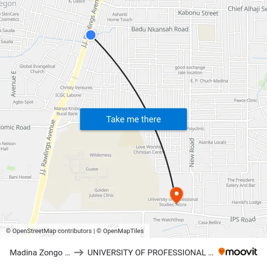 Madina Zongo Junction to UNIVERSITY OF PROFESSIONAL STUDIES (UPSA) map