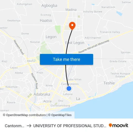 Cantonments to UNIVERSITY OF PROFESSIONAL STUDIES (UPSA) map