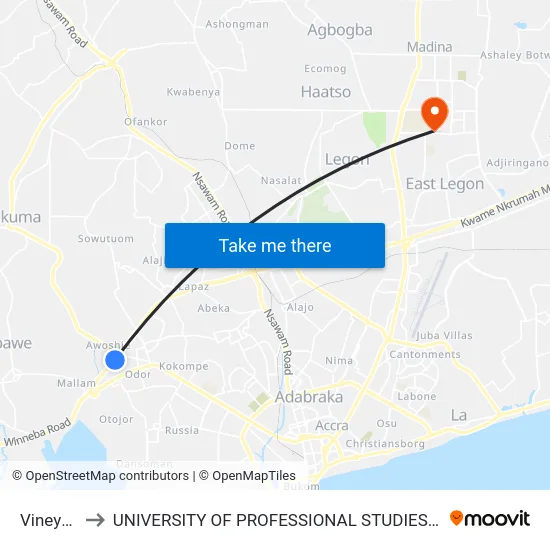 Vineyard to UNIVERSITY OF PROFESSIONAL STUDIES (UPSA) map