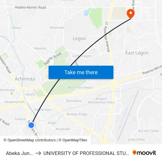 Abeka Junction to UNIVERSITY OF PROFESSIONAL STUDIES (UPSA) map