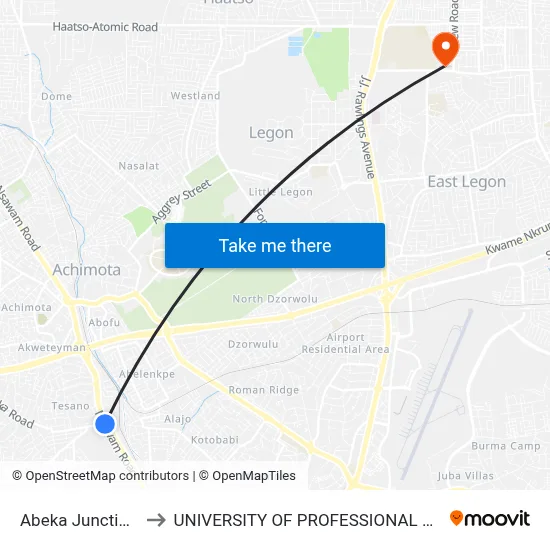 Abeka Junction Curve to UNIVERSITY OF PROFESSIONAL STUDIES (UPSA) map