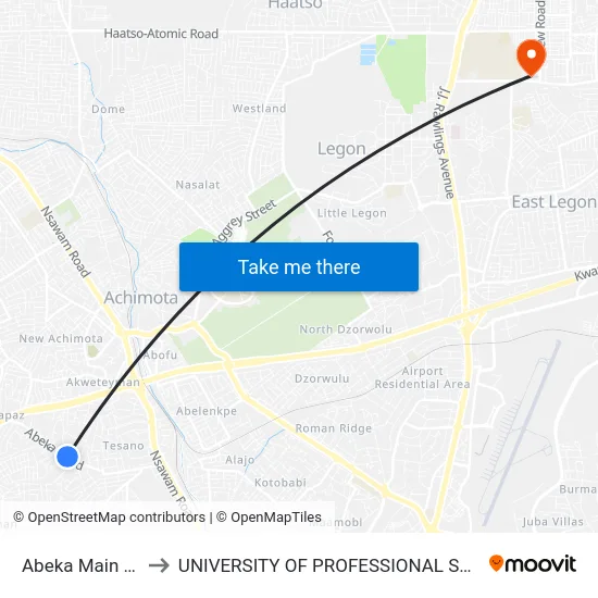 Abeka Main Market to UNIVERSITY OF PROFESSIONAL STUDIES (UPSA) map