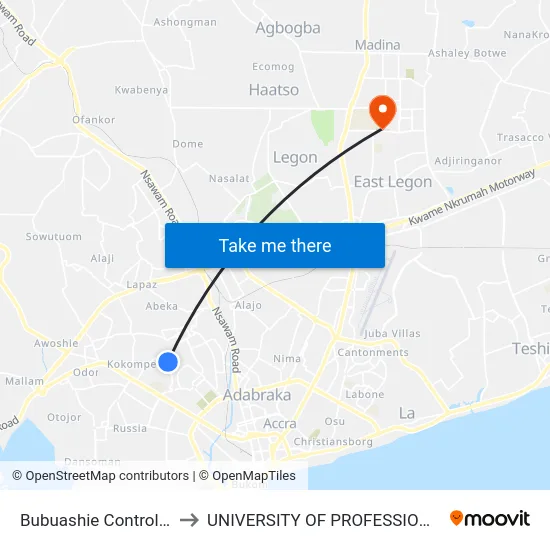 Bubuashie Control (Old Station ) to UNIVERSITY OF PROFESSIONAL STUDIES (UPSA) map