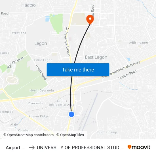 Airport First to UNIVERSITY OF PROFESSIONAL STUDIES (UPSA) map
