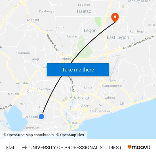 Station to UNIVERSITY OF PROFESSIONAL STUDIES (UPSA) map