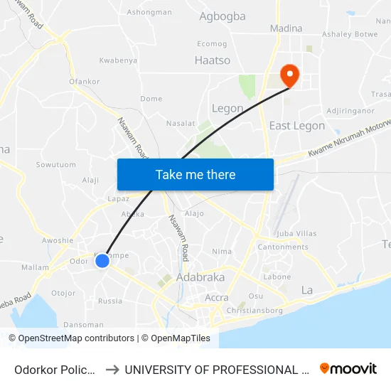 Odorkor Police Station to UNIVERSITY OF PROFESSIONAL STUDIES (UPSA) map